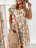 Women's Floral Print Ruffle Vintage Smock Dress, Lady Casual Bohemian Fashion Short Sleeve Round Neck Knee Length Dress for S...