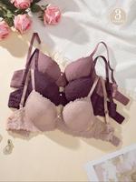 Women's Plain Bow Decor Contrast Lace Push Up Bra, Elegant Adjustable Strap Underwire Bra, Soft Comfortable Breathable Linger...