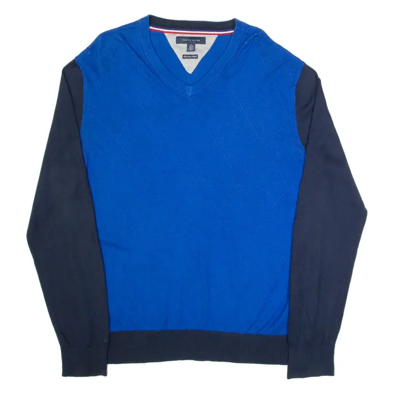 HILFIGER DENIM Mens Patterned Jumper Blue Argyle V-Neck Tight Knit XL