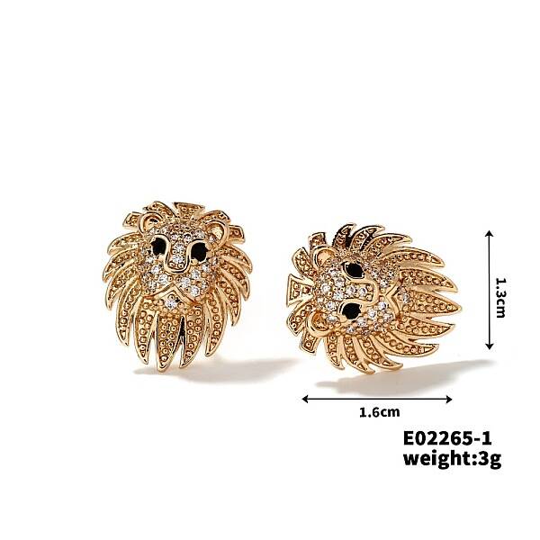 Shiny Lion Head Stud Earrings Fashionable Rhinestone Ear Jewelry