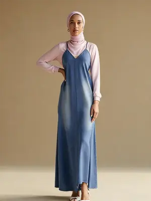 ćPlus Sizeć Denim Chambray Overalls Dress, Casual Sleeveless V Neck Long Dress for Daily Wear, Women's Plus Clothing for ...