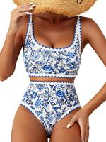 Beachwear Printed Crochet Side Bikini Set Holiday Sport Sexy Bikinis 2025 Two Pieces High Waist Swimwsuit Women Swimwear Blue...