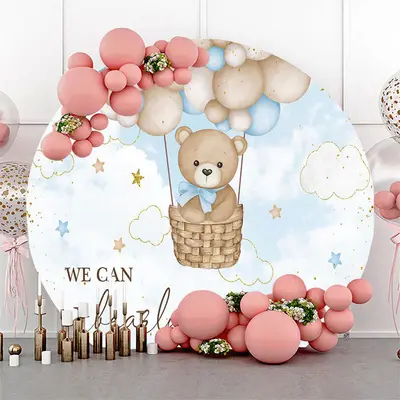 Aperturee Teddy Bear Blue Sky Cloud Round Baby Shower Backdrop | Round Backdrop Fabric Cover | Round Baby Shower Backdrop | C...