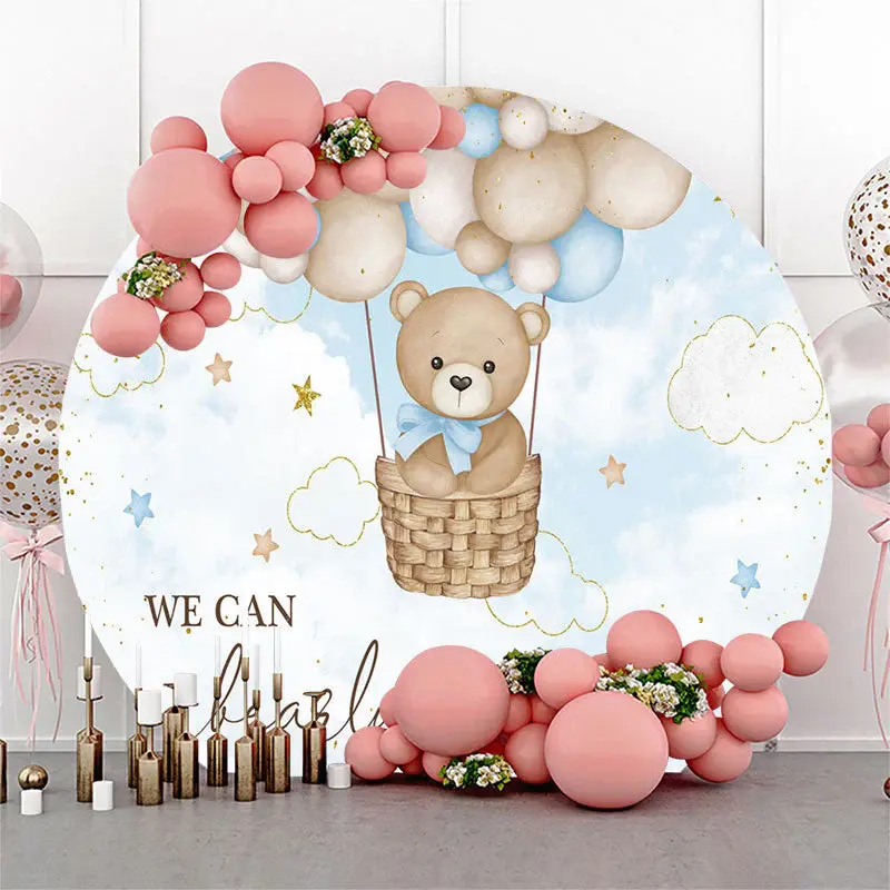 Aperturee Teddy Bear Blue Sky Cloud Round Baby Shower Backdrop | Round Backdrop Fabric Cover | Round Baby Shower Backdrop | C...