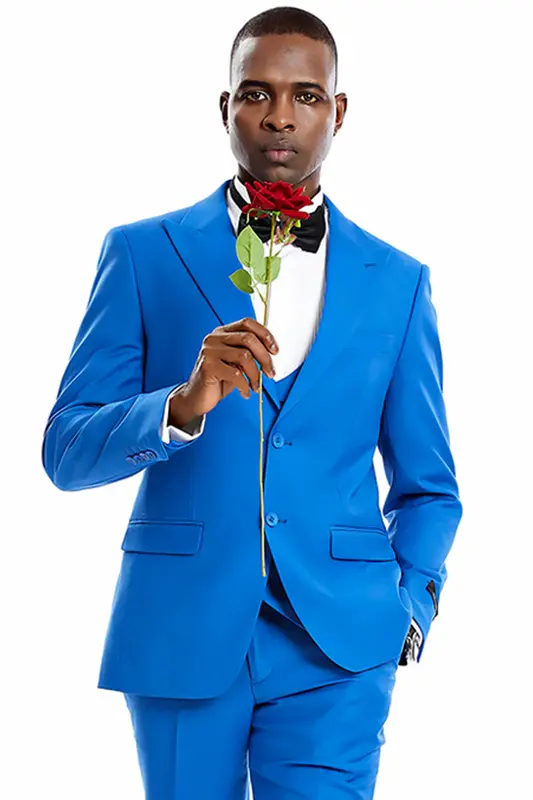 Royal Blue Men's Wedding & Prom Suit - Two Button Vested Peak Lapel