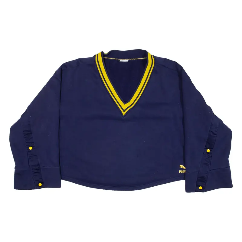 PUMA Cropped Popper Sleeves Womens Sweatshirt Blue V-Neck UK 16