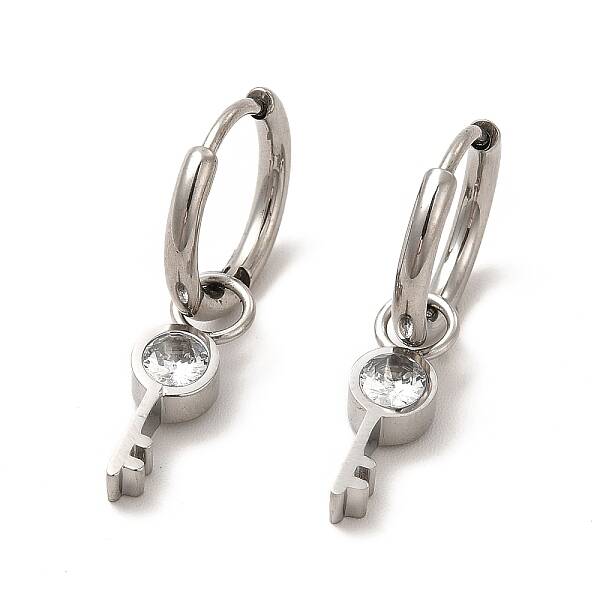 Crystal Rhinestone Skeleton Key Dangle Hoop Earrings