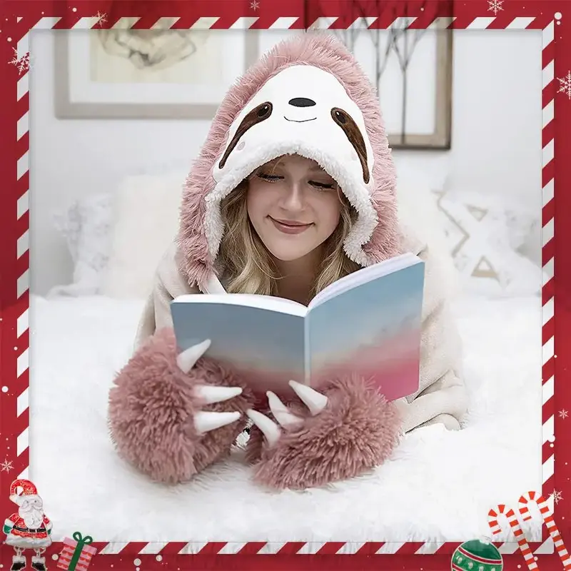 Cartoon Sloth Design Flannel Blanket, 1 Count Home Soft Comfortable Hooded Blanket With Gloves, Warm Quilt For Home Women Gir...