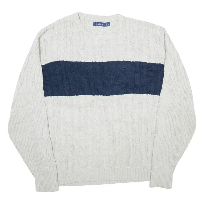 NAUTICA Mens Jumper Grey Colourblock Cable Knit XL