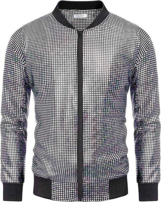 70s Disco Christmas Party Zip-up Jacket (US Only), Sequined Laser Silver / XL