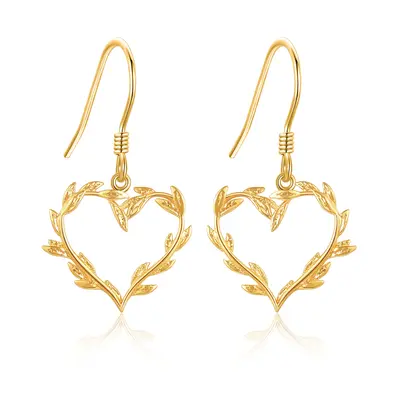 14K Gold Leaves & Heart Drop Earrings