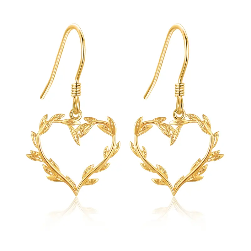 14K Gold Leaves & Heart Drop Earrings
