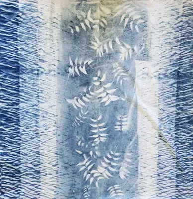 Indigo Dyed Hand Printed Cotton Fabric | Style: Leaf with stripe