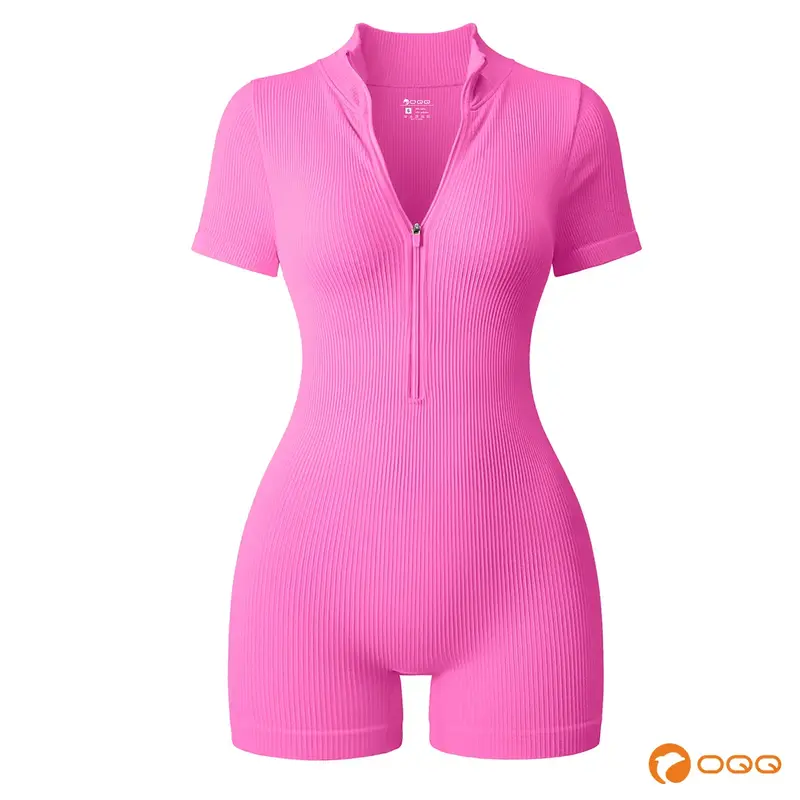 OQQ-Nine cents Women Yoga Rompers Workout Ribbed Short Sleeve Zip Front Exercise Rompers