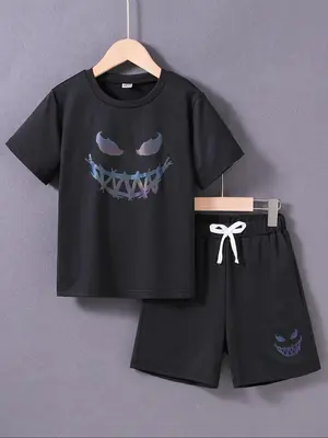 Two-Piece Set Boy's Reflective Smile Face Print Short Sleeve Tee & Shorts Set, Casual Round Neck T-shirt & Shorts for Summer,...