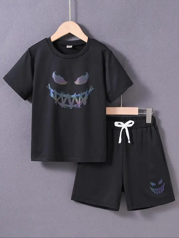 Two-Piece Set Boy's Reflective Smile Face Print Short Sleeve Tee & Shorts Set, Casual Round Neck T-shirt & Shorts for Summer,...