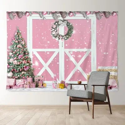 Aperturee Baby Pink Wooden Door Merry Christmas Backdrop
