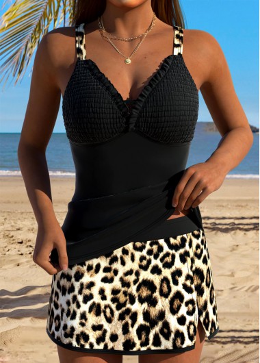 Modlily Black Mid Waisted Tummy Coverage Leopard Tankini Set - M