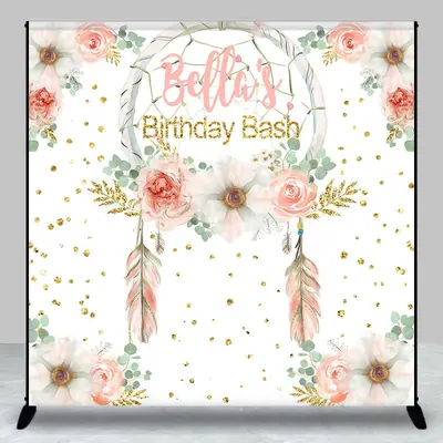Aperturee Custom Feather Floral Gold Glitter Birthday Backdrop - Aperturee