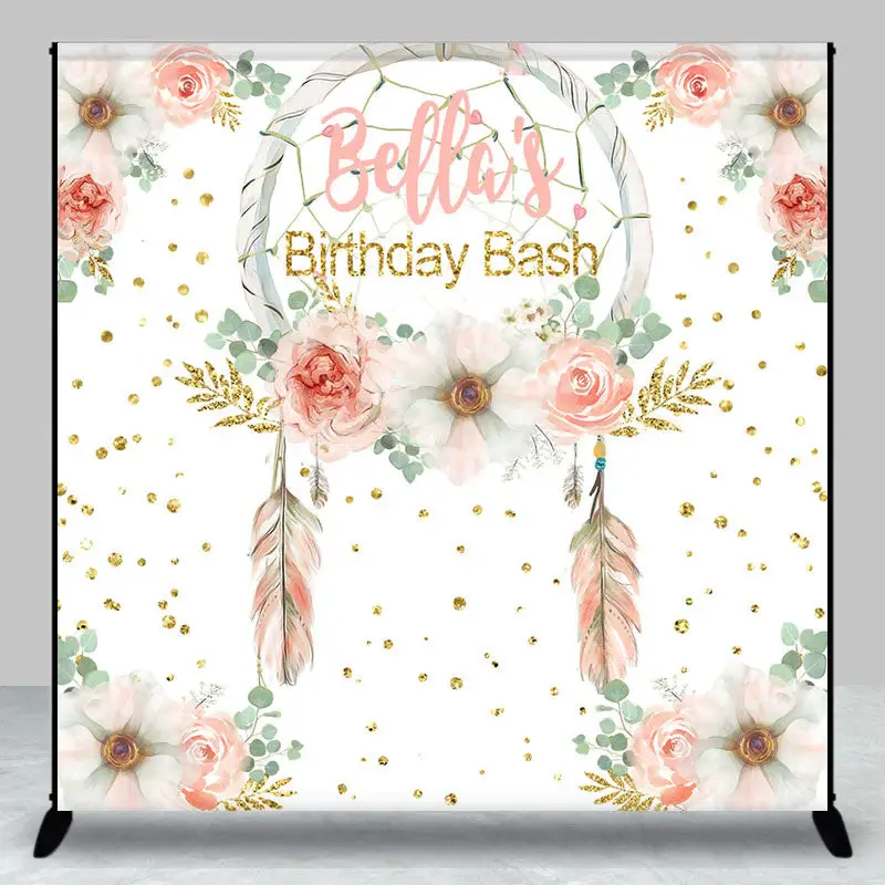 Aperturee Custom Feather Floral Gold Glitter Birthday Backdrop - Aperturee
