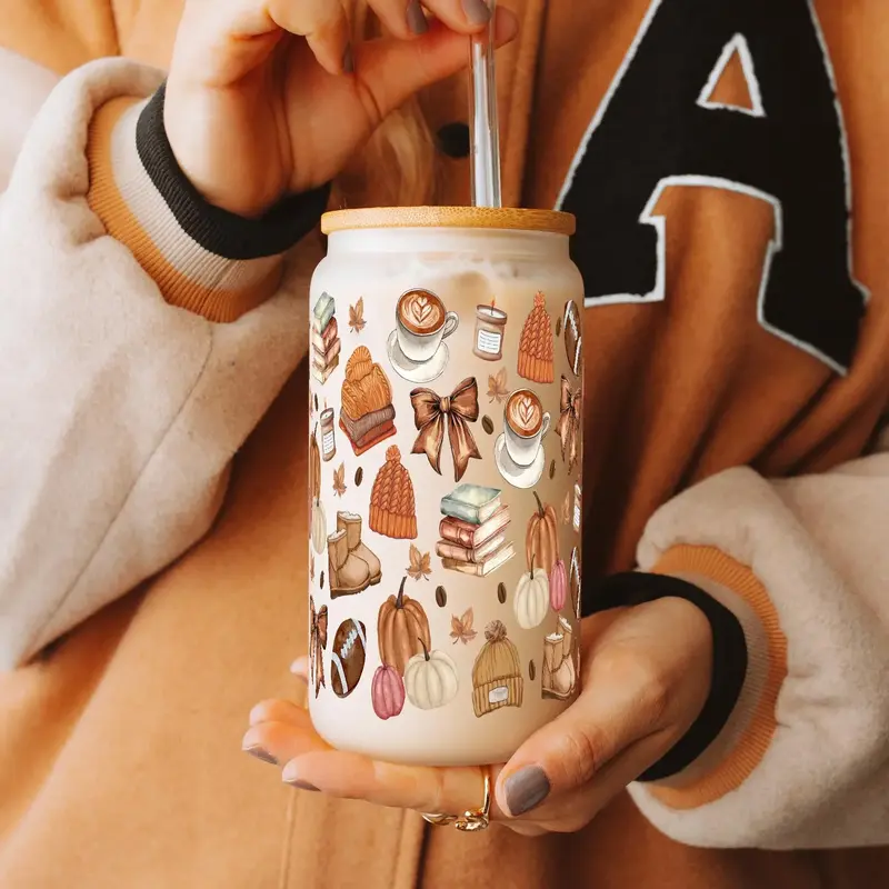 Sip-Sip Hooray! 16oz Fall Collection Glass Cup – Pumpkin Spice Iced Coffee Tumbler with Lid & Straw, 2024 Autumn Drinkware,...