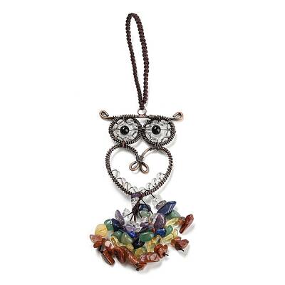 Wire Wrapped Brass Owl & Natural Quartz Crystal Pendant Decoration