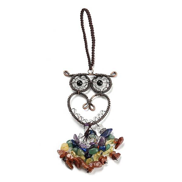 Wire Wrapped Brass Owl & Natural Quartz Crystal Pendant Decoration