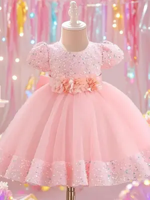 Toddler Girl's Glitter Sequin Decor Flower Decor Tulle Dress, Cute Princess Dress for Party Wedding Guest, Kids Clothes for A...
