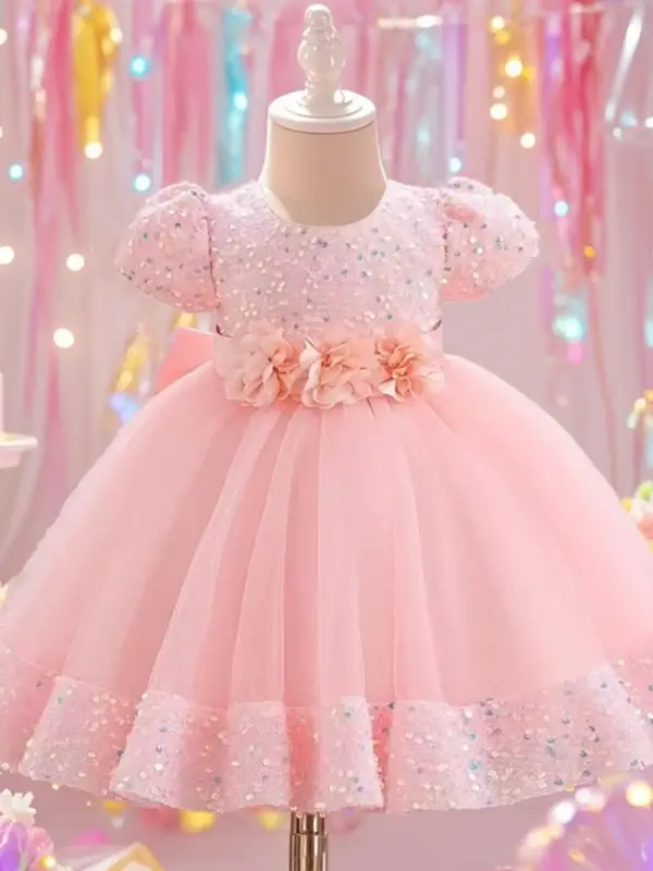 Toddler Girl's Glitter Sequin Decor Flower Decor Tulle Dress, Cute Princess Dress for Party Wedding Guest, Kids Clothes for A...