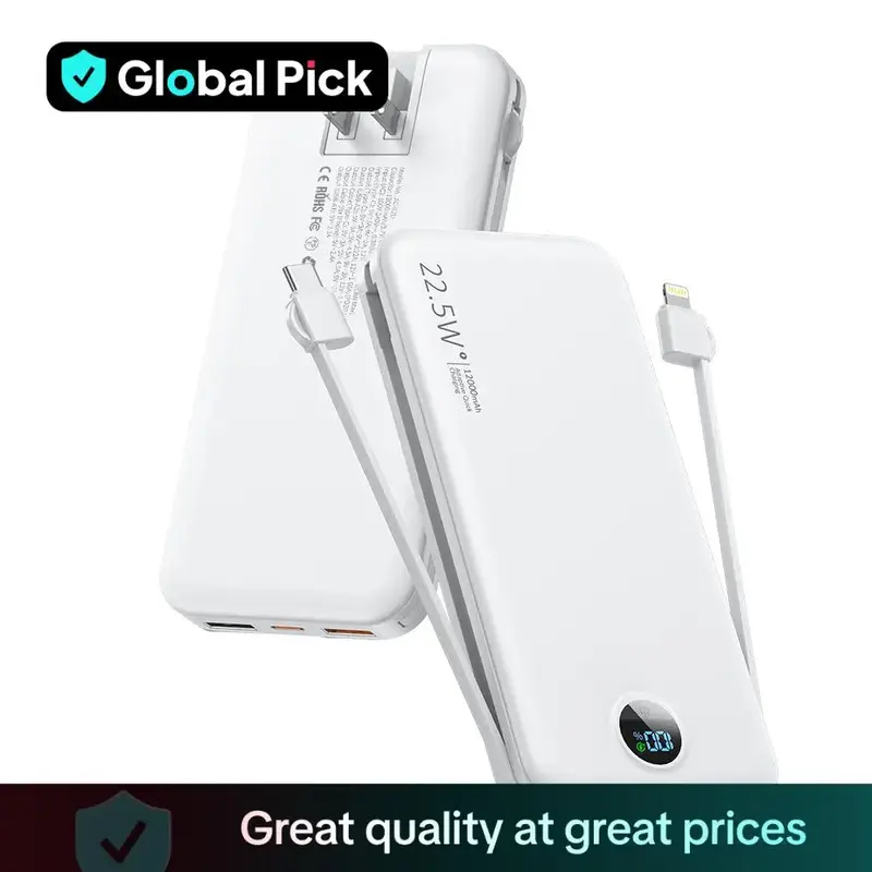 Portable Lightweight 12000mAh Power Bank With 2 built-in cable & Digital Display For Music Festival, Multifunctional QC4.0 ...