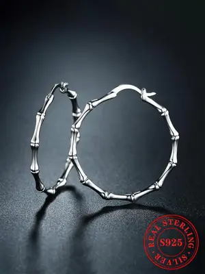 925 Sterling Silver Bamboo Joint Design Hoop Earrings, Fashionable Earrings for Women & Girls, Trendy All-match & Exquisite J...