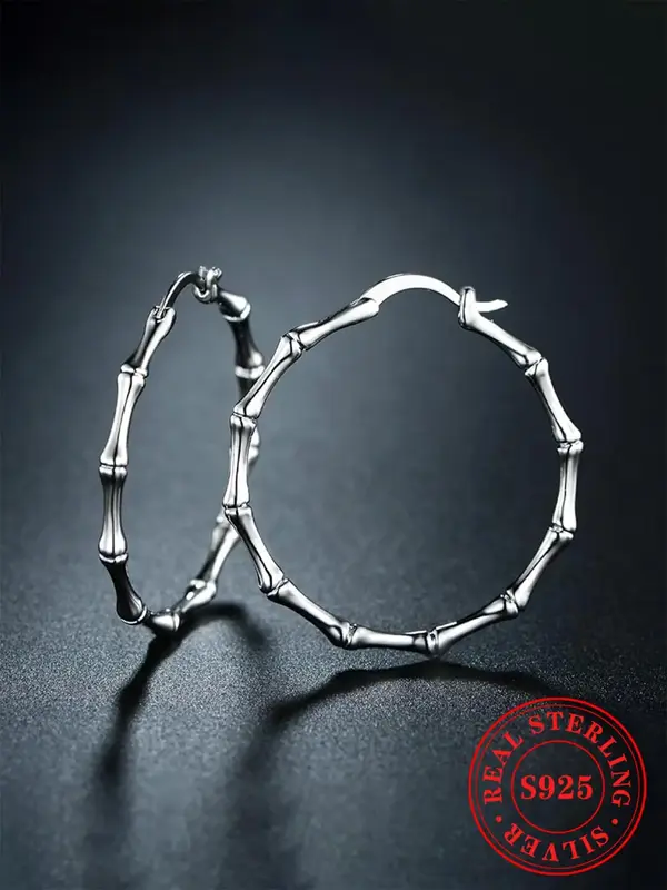 925 Sterling Silver Bamboo Joint Design Hoop Earrings, Fashionable Earrings for Women & Girls, Trendy All-match & Exquisite J...
