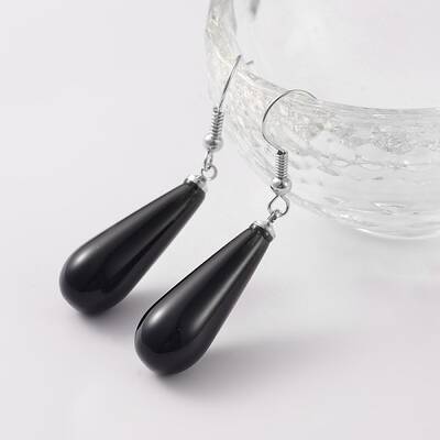 Teardrop Platinum Tone Brass Natural Dyed & Heated Black Agate Dangle Earrings
