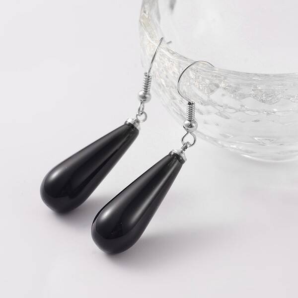 Teardrop Platinum Tone Brass Natural Dyed & Heated Black Agate Dangle Earrings