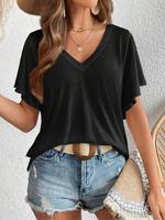 Women's Plain V Neck Butterfly Sleeve Tee, Casual Short Sleeve T-shirt for Summer, T Shirts for Women, Ladies Clothes for Dai...