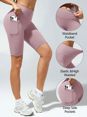 Women's Plain High Waist Pocket Sports Shorts, Solid Cycling Shorts with Phone Pockets, Summer Clothes Women, High Stretch S...