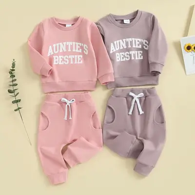 Toddler Baby Girl Clothes Long Sleeve Solid Color Aunties Bestie Letters Print Crewneck Sweatshirt Pullover with Pant Fall W...