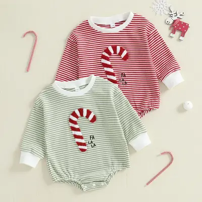 Infant Baby Girls Boys Sweatshirts Rompers Christmas Clothes Candy Cane Embroidery Long Sleeve Fall Bodysuits Jumpsuits