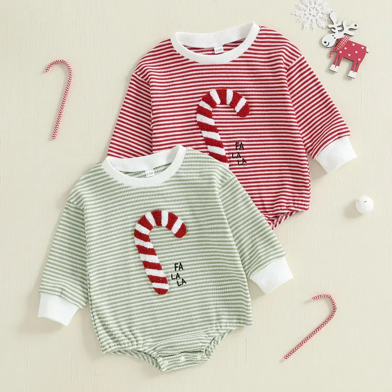 Infant Baby Girls Boys Sweatshirts Rompers Christmas Clothes Candy Cane Embroidery Long Sleeve Fall Bodysuits Jumpsuits