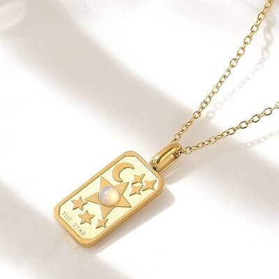 304 Stainless Steel Pave Opalite Rectangle Pendant Necklaces for Women Men