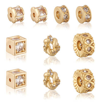 10Pcs 5 Styles Brass Clear Cubic Zirconia Beads
