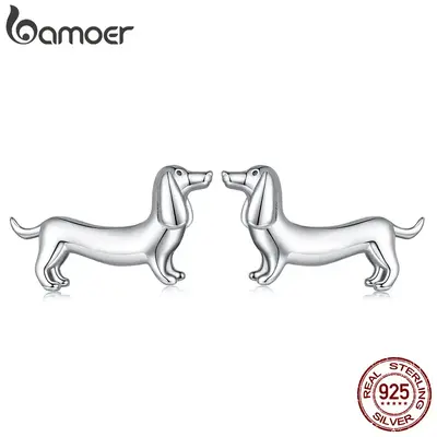 BAMOER 925 Sterling Silver Dachshund Stud Earrings For Women Lovely Wiener Dog Ear Studs Silver Jewelry Birthday Gift To Daug...