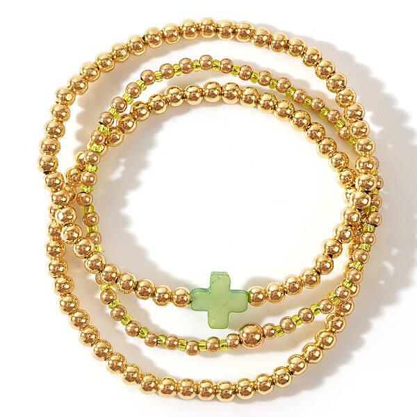 3Pcs Golden Luxury Brass Beaded Gothic Cross Ladies Elastic Bracelet Sets