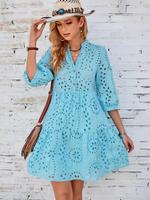 Women's Plain Embroidered Hollow Out Dress, Casual Elegant V Neck Dress for Summer, Ladies Clothes for Daily Wear, Sun Dress,...