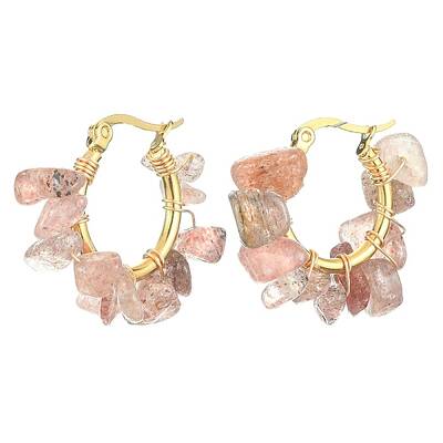 Natural Strawberry Quartz Chips Braided Hoop Earrings