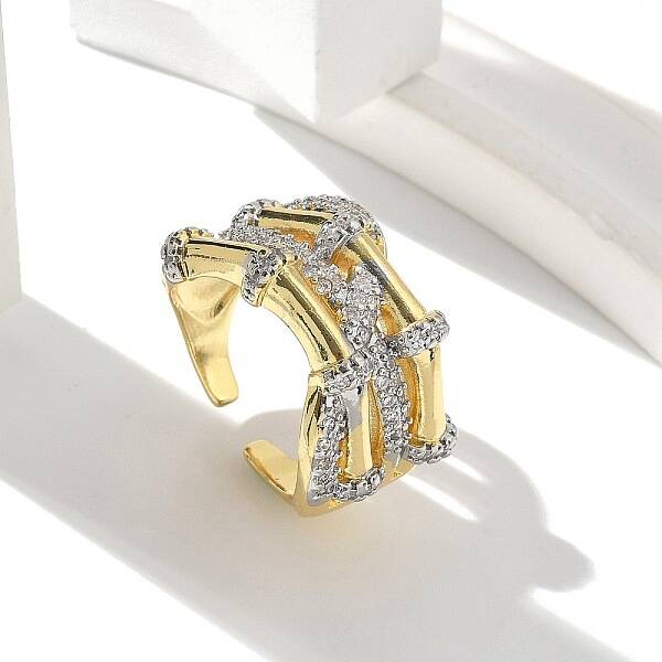 Brass Micro Pave Clear Cubic Zirconia Cuff Finger Rings for Women