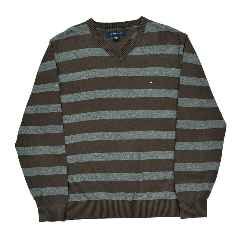 Tommy Hilfiger Striped Jumper - Large Brown Cotton