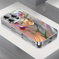 Beautiful Colorful Art Three-Dimensional Tulip Pattern Electroplated Glass Phone Case with Lens Protection For11 12 13 14 15 ...
