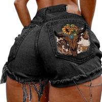 [Varlden] Boho Bull Skull Denim Shorts – High Waisted Frayed Jean Shorts with Sunflower Western Patch Gift For Her