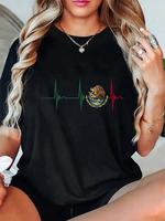 100% Cotton Mexico Heartbeat EKG Pulse Mexican Pride Emblem Mexico Flag T-Shirt
